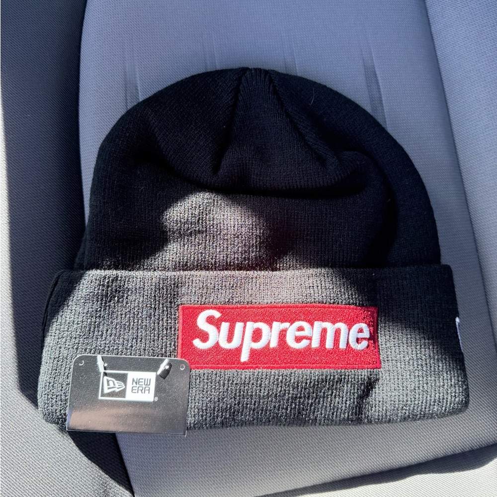 Supreme x New Era Black Beanie with Red Box Logo
